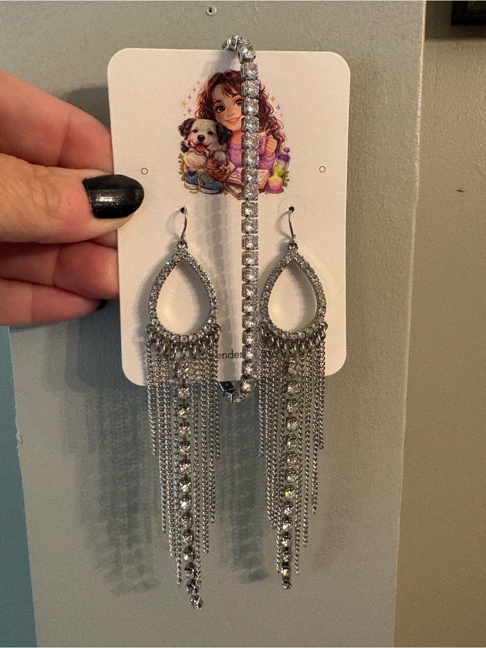 Found family set | beautiful silver tone fringe earrings & faux tennis bracelet
